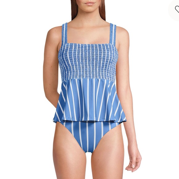 Lands' End Smocked Tankini Top and High Waisted Blue and White Striped 2 piece - Picture 7 of 7